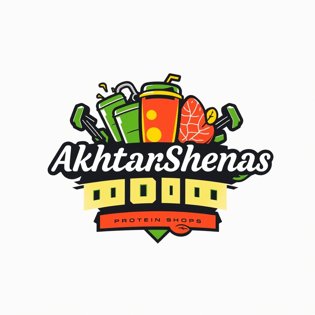 A modern and appealing logo design for a protein shop branded 'Akhtarshenas', featuring a sleek combination of imagery related to health and fitness