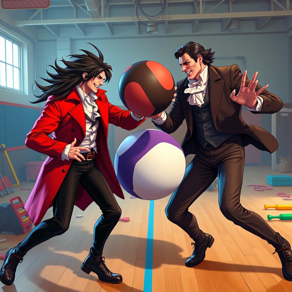 A whimsical and dramatic scene depicting Vincent Valentine, a striking character with long black hair and a red coat, clashing with Mr