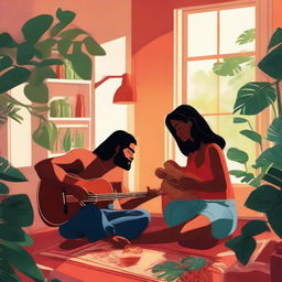 A tall brunette woman sits on her living room floor, enveloped by verdant plants, painting her nails red and sipping sangria. Her muscled Polynesian husband strums a guitar nearby. The scene bathed in the gentle light of a setting sun.