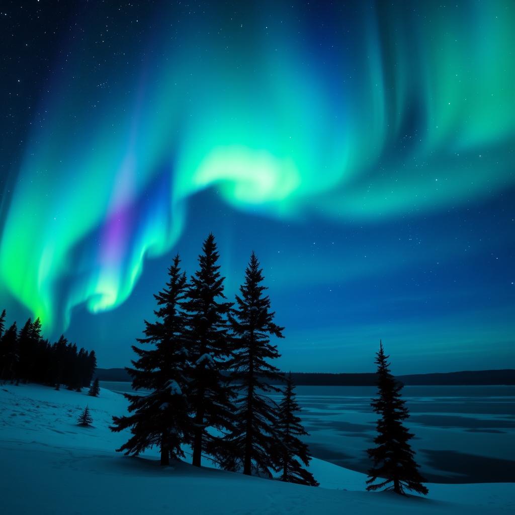 A stunning depiction of the aurora borealis lighting up the night sky with vibrant colors of green, purple, and blue