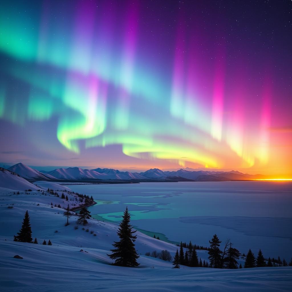 A breathtaking portrayal of the Aurora Borealis, featuring vibrant displays of green, purple, and pink lights dancing across the night sky over a serene Arctic landscape