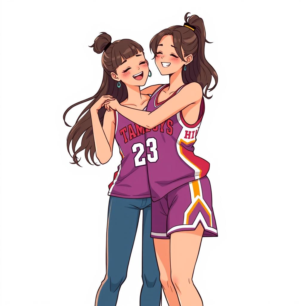 An illustration of a couple of two women, one with a tomboy style wearing her basketball team's uniform, which includes a vibrant jersey and shorts, while the other woman embraces her from the left side in a sweet and affectionate manner