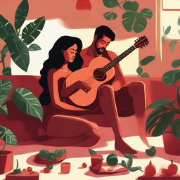 A tall brunette woman sits on her living room floor, enveloped by verdant plants, painting her nails red and sipping sangria. Her muscled Polynesian husband strums a guitar nearby. The scene bathed in the gentle light of a setting sun.