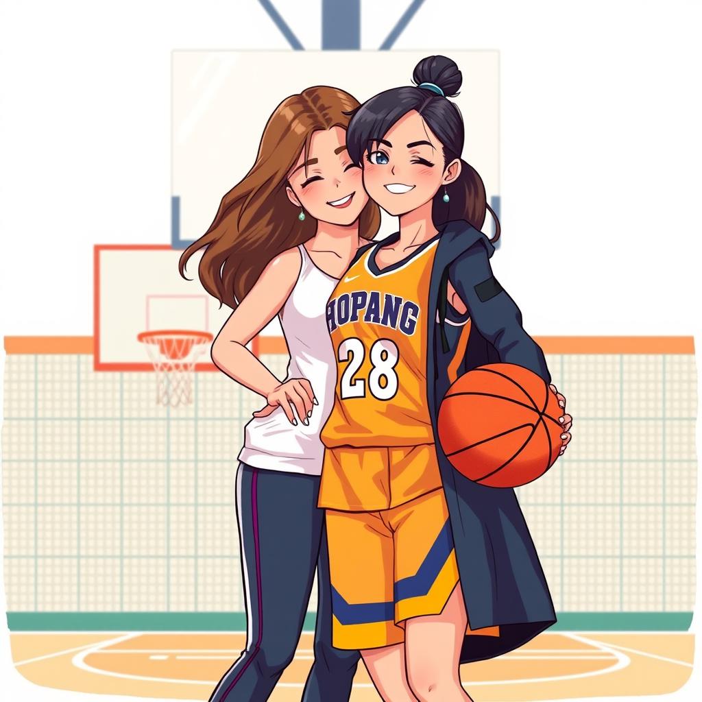 An illustration of a couple of two women standing in front of a basketball hoop