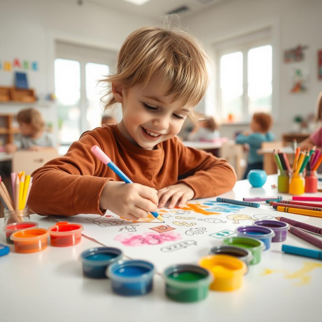 A 4-year-old child coloring drawings in a kindergarten classroom with watercolor paints