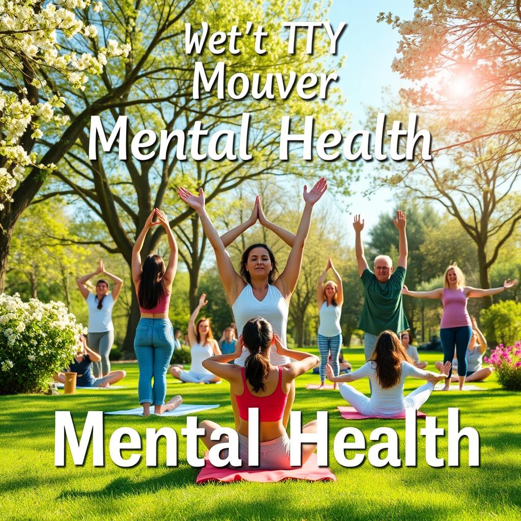 A serene and uplifting scene that promotes mental health, featuring a diverse group of people engaging in calming activities such as yoga, meditation, and enjoying nature