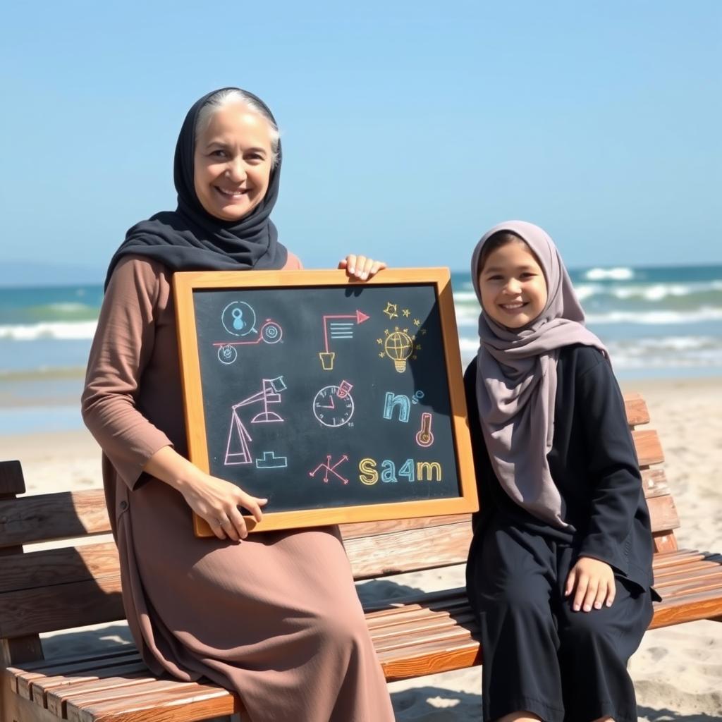 A slightly older woman wearing a hijab, standing and holding a blackboard, with a smiling hijab-wearing girl student sitting next to her on a wooden bench by the beach