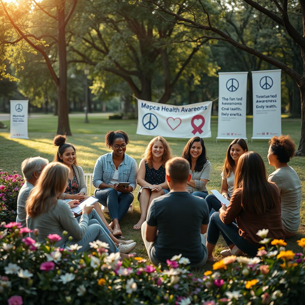 A serene and uplifting scene promoting mental health awareness, featuring a diverse group of individuals sitting in a circle in a peaceful park setting, surrounded by blooming flowers and lush greenery