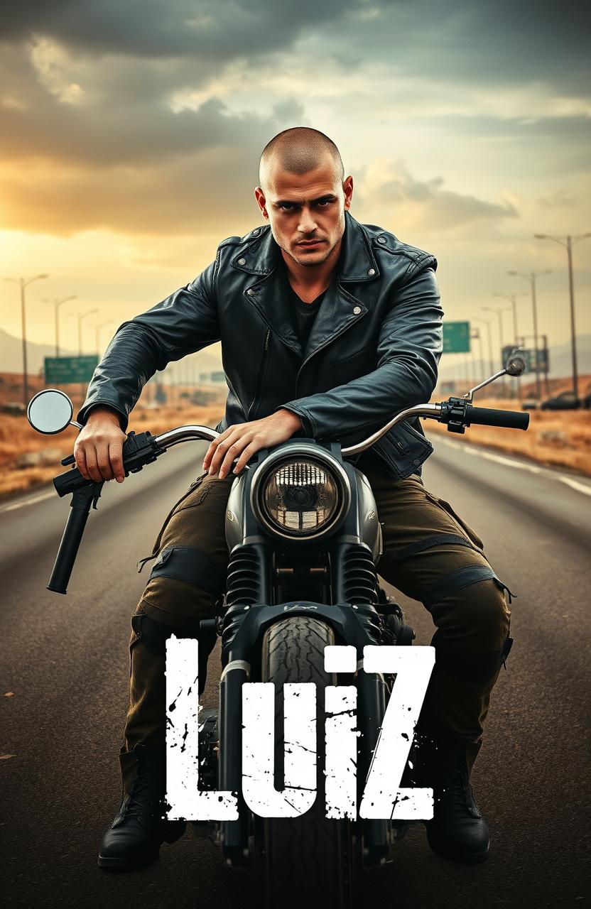 A young Caucasian man with a shaved head, confidently sitting on his motorcycle in the middle of a freeway, holding a gun holstered to his left side