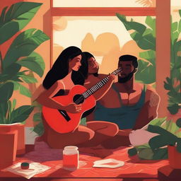 A tall brunette woman sits on her living room floor, enveloped by verdant plants, painting her nails red and sipping sangria. Her muscled Polynesian husband strums a guitar nearby. The scene bathed in the gentle light of a setting sun.