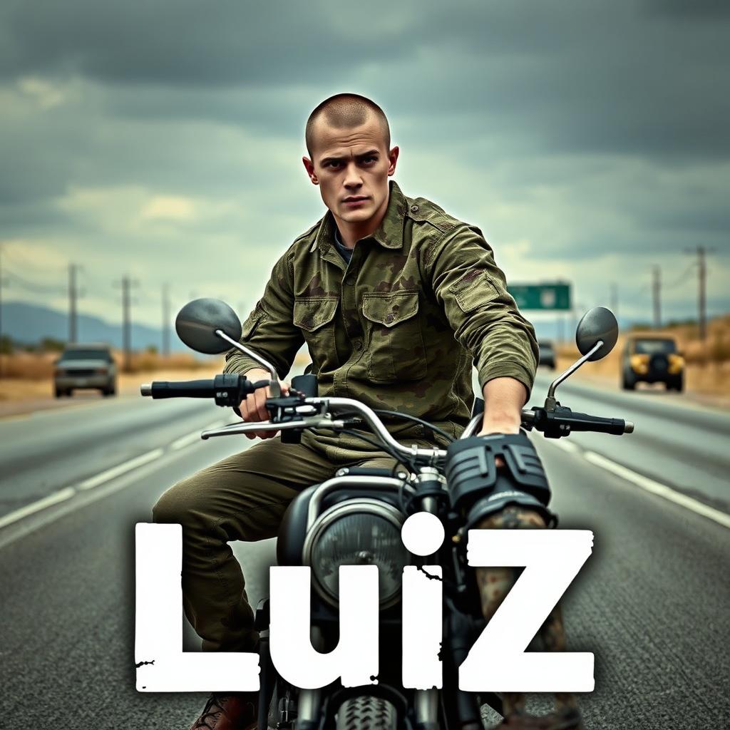 A young Caucasian man with a shaved head, wearing an army camo uniform, confidently sitting on his motorcycle in the middle of a deserted freeway