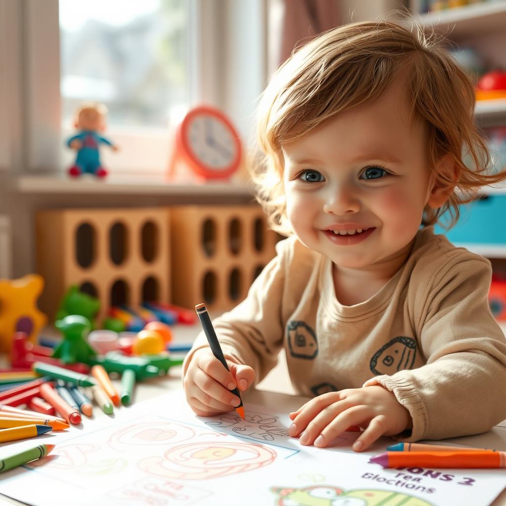 A young child, about 4 years old, happily engaged in coloring