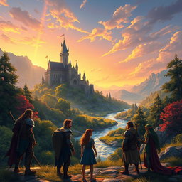 A stunning fantasy landscape featuring a majestic castle on a hilltop surrounded by lush, vibrant greenery and a sparkling river flowing through the valley