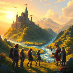 A stunning fantasy landscape featuring a majestic castle on a hilltop surrounded by lush, vibrant greenery and a sparkling river flowing through the valley