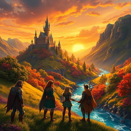 A stunning fantasy landscape featuring a majestic castle on a hilltop surrounded by lush, vibrant greenery and a sparkling river flowing through the valley