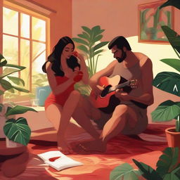 A tall brunette woman sits on her living room floor, enveloped by verdant plants, painting her nails red and sipping sangria. Her muscled Polynesian husband strums a guitar nearby. The scene bathed in the gentle light of a setting sun.