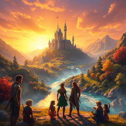 A stunning fantasy landscape featuring a majestic castle on a hilltop surrounded by lush, vibrant greenery and a sparkling river flowing through the valley