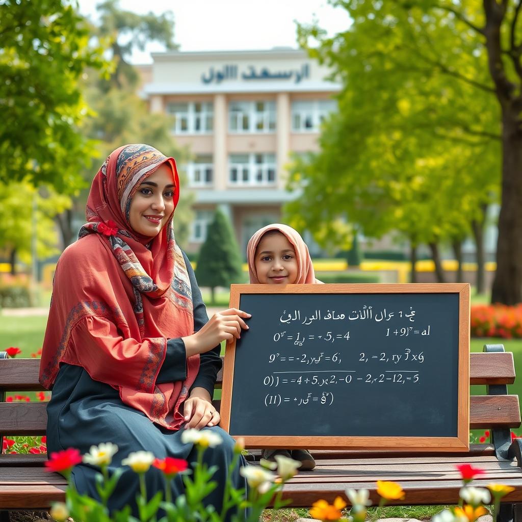 A beautiful woman wearing a colorful hijab and a lovely girl student, also in a hijab, sitting on a bench in a lush green park
