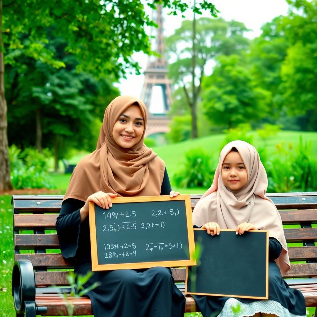 A beautiful woman wearing a hijab sitting on a bench in a lush green park alongside her lovely girl student, who is also wearing a hijab