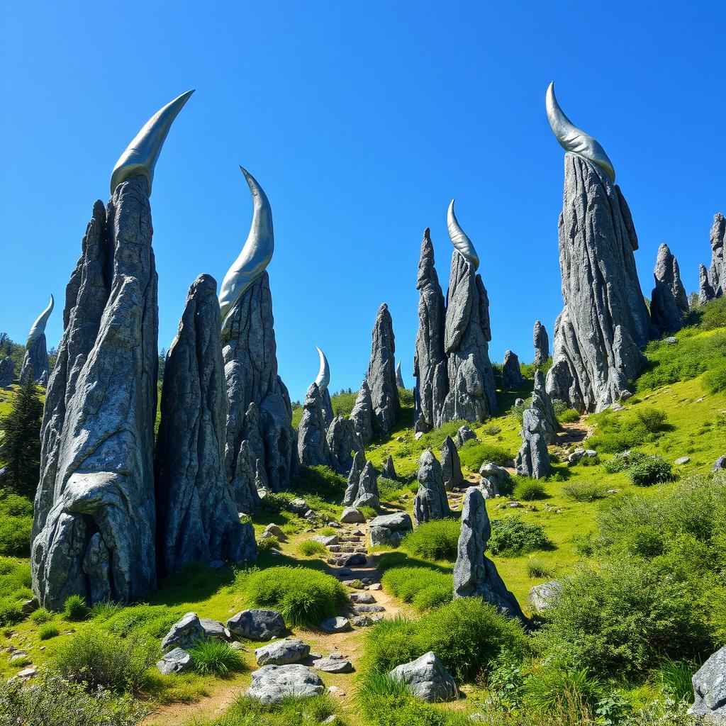 A mystical boss area set under clear blue skies, featuring an otherworldly landscape adorned with striking silver and black stone formations that emerge from the ground like majestic horns
