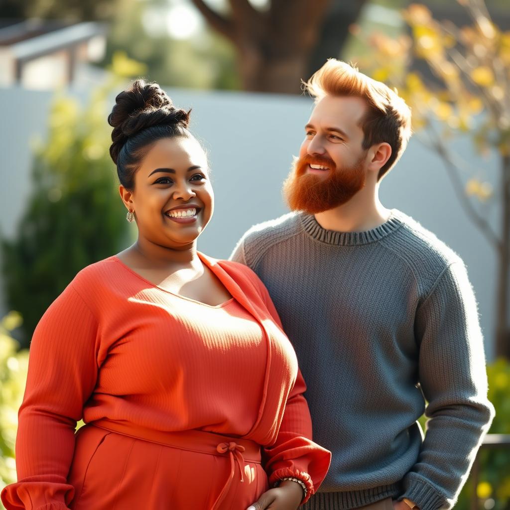 A short, thick Latina woman standing in front of a tall white man with an auburn beard