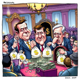 A vibrant and satirical political cartoon featuring exaggerated caricatures of politicians engaged in corrupt practices