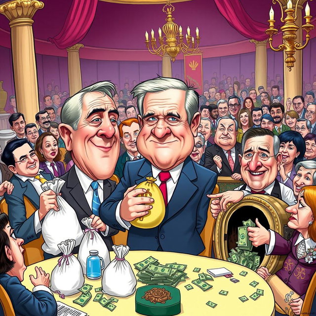 A vibrant and satirical political cartoon featuring exaggerated caricatures of politicians engaged in corrupt practices