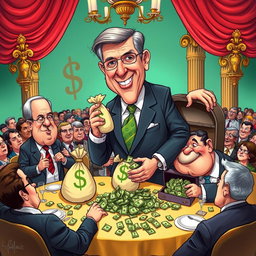 A vibrant and satirical political cartoon featuring exaggerated caricatures of politicians engaged in corrupt practices
