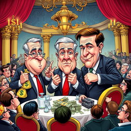 A vibrant and satirical political cartoon featuring exaggerated caricatures of politicians engaged in corrupt practices