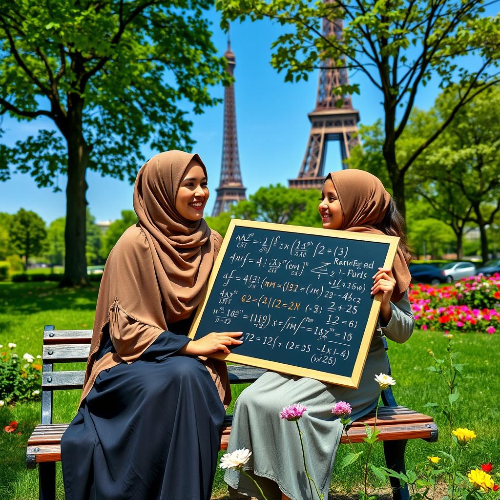A beautiful woman wearing a hijab, sitting gracefully on a bench in a lush green park, smiling at her lovely girl student, who is also wearing a hijab