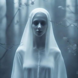 Create an album cover with an aesthetic portrayal of a female ghost, emphasizing her spectral beauty amidst ethereal surroundings