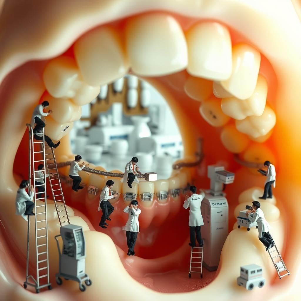 A miniature world inside a human mouth where a team of tiny workers is assembling orthodontic brackets in a high-tech dental workshop
