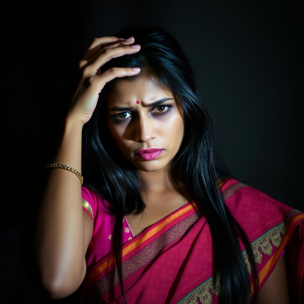 A portrait of an Indian woman displaying an expression of distress, with tears in her eyes and a hand on her forehead, set against a dimly lit background that conveys a sense of sadness