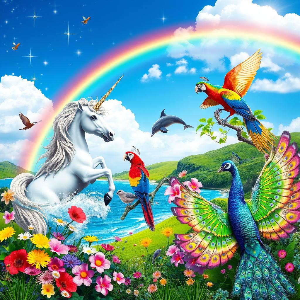 A vibrant and enchanting scene featuring an array of wonderful creatures from around the world, including a majestic unicorn with a shimmering mane, a colorful parrot perched on a branch, a playful dolphin leaping out of the ocean, and a graceful peacock spreading its iridescent feathers