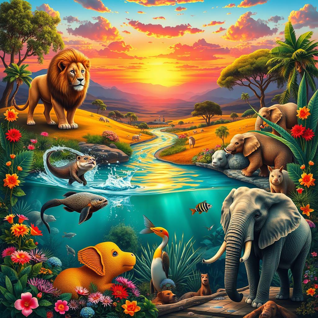 A breathtaking illustration showcasing a diverse array of wonderful animals from around the world in their natural habitats