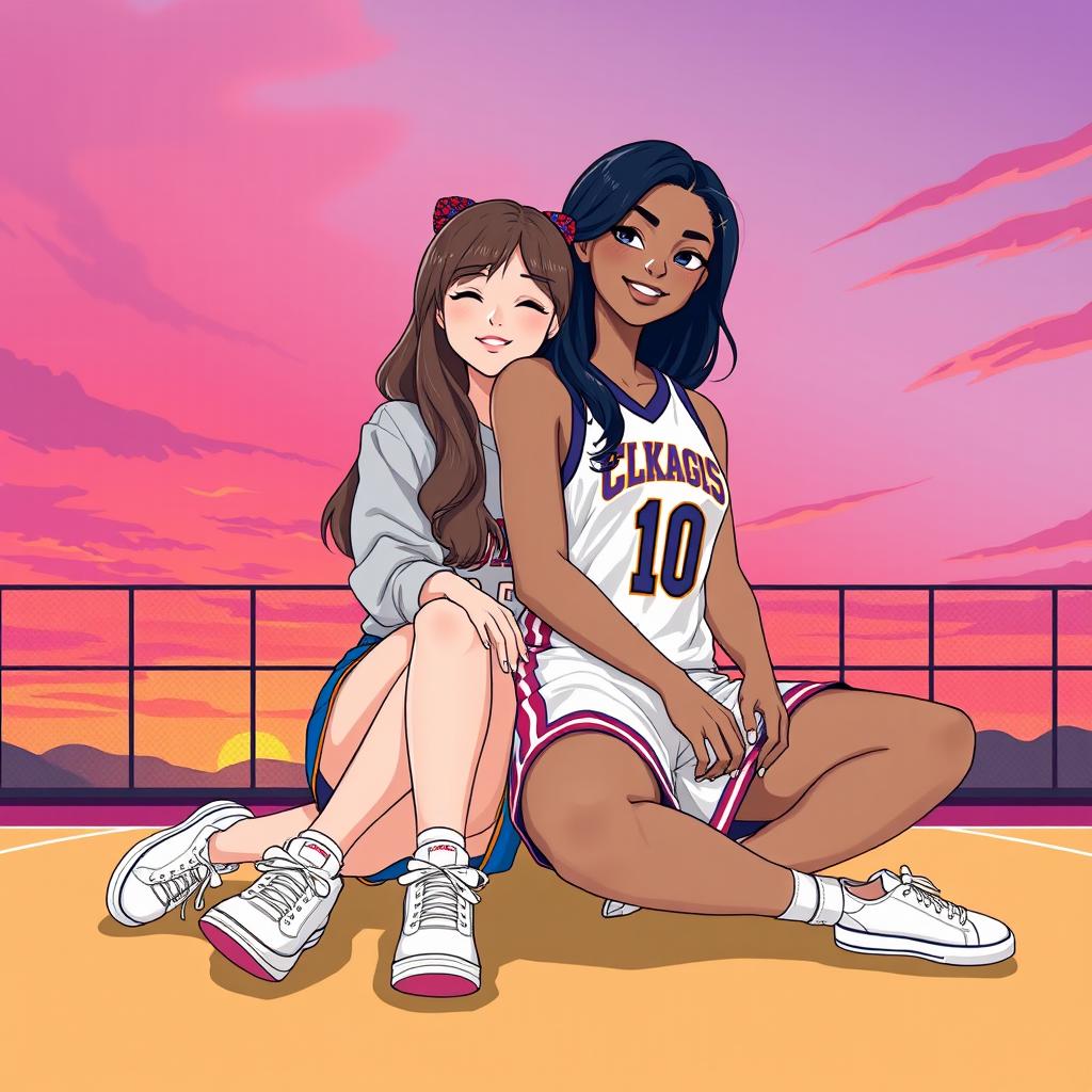 An illustration of two women sitting on a basketball court, showcasing their full bodies