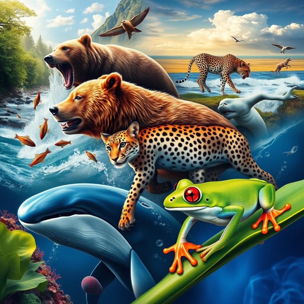A stunningly realistic depiction of wonderful animals from around the world in dynamic poses, showcasing their natural behaviors