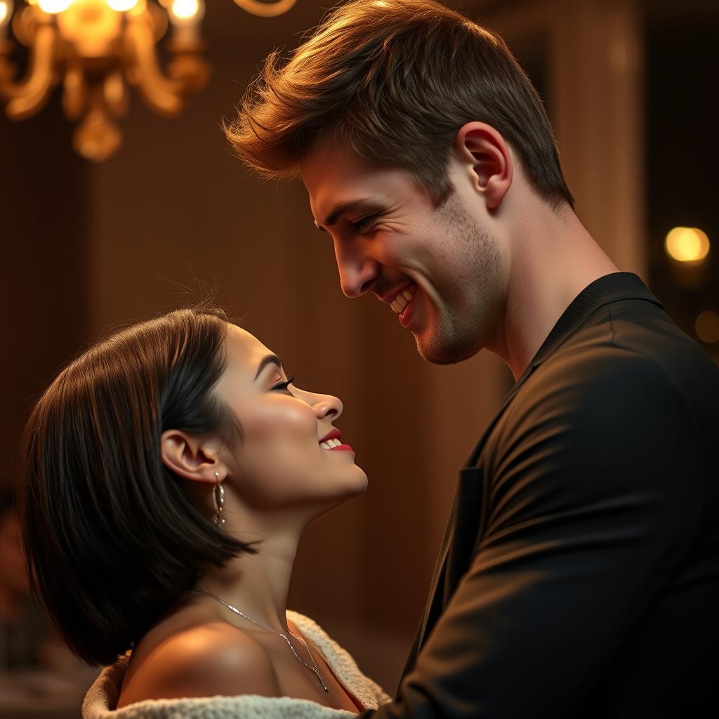 A tall white male with chestnut hair gazing down warmly at a cute Latina woman with a bob haircut