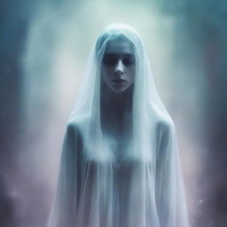 Create an album cover with an aesthetic portrayal of a female ghost, emphasizing her spectral beauty amidst ethereal surroundings