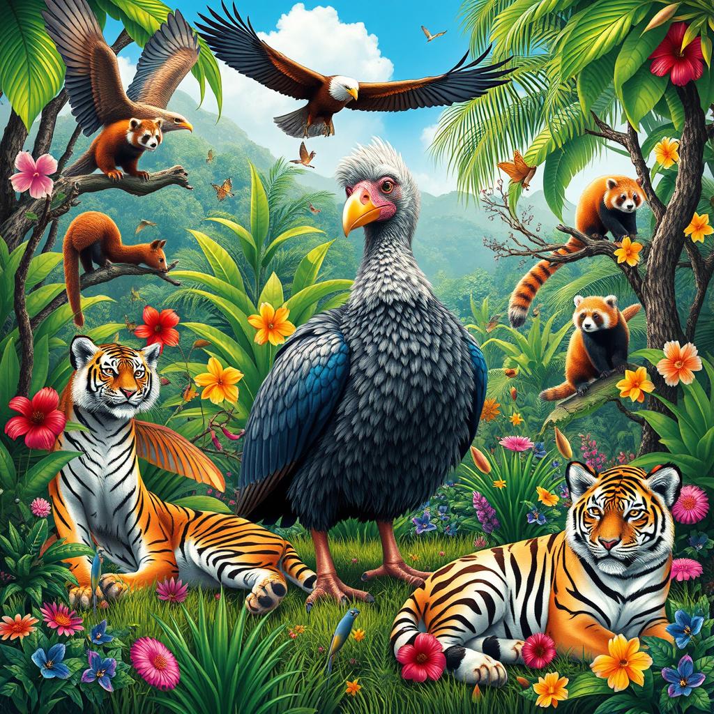 A captivating and realistic illustration featuring a variety of wonderful animals from around the world, with an emphasis on an exciting scene that includes a dodo bird in its natural habitat