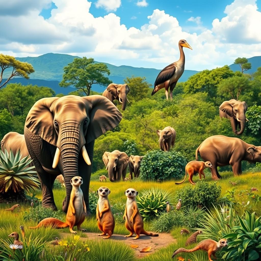 A breathtaking wildlife scene inspired by the art of David Shepherd, featuring a variety of wonderful animals from around the world in a vibrant and natural setting