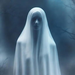 Create an album cover with an aesthetic portrayal of a female ghost, emphasizing her spectral beauty amidst ethereal surroundings