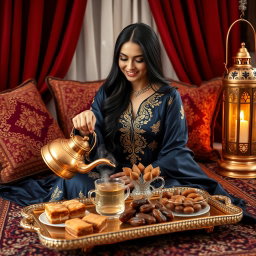 A beautiful Arab woman sitting gracefully on a patterned rug, wearing an elegant navy silk dress adorned with intricate gold embroidery