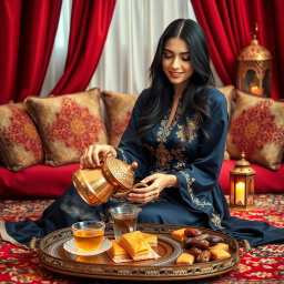 A beautiful Arab woman sitting gracefully on a patterned rug, wearing an elegant navy silk dress adorned with intricate gold embroidery