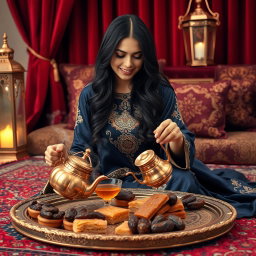 A beautiful Arab woman sitting gracefully on a patterned rug, wearing an elegant navy silk dress adorned with intricate gold embroidery