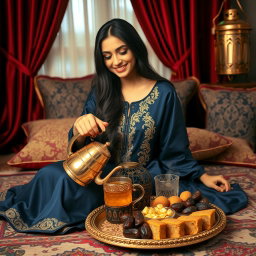 A beautiful Arab woman sitting gracefully on a patterned rug, wearing an elegant navy silk dress adorned with intricate gold embroidery
