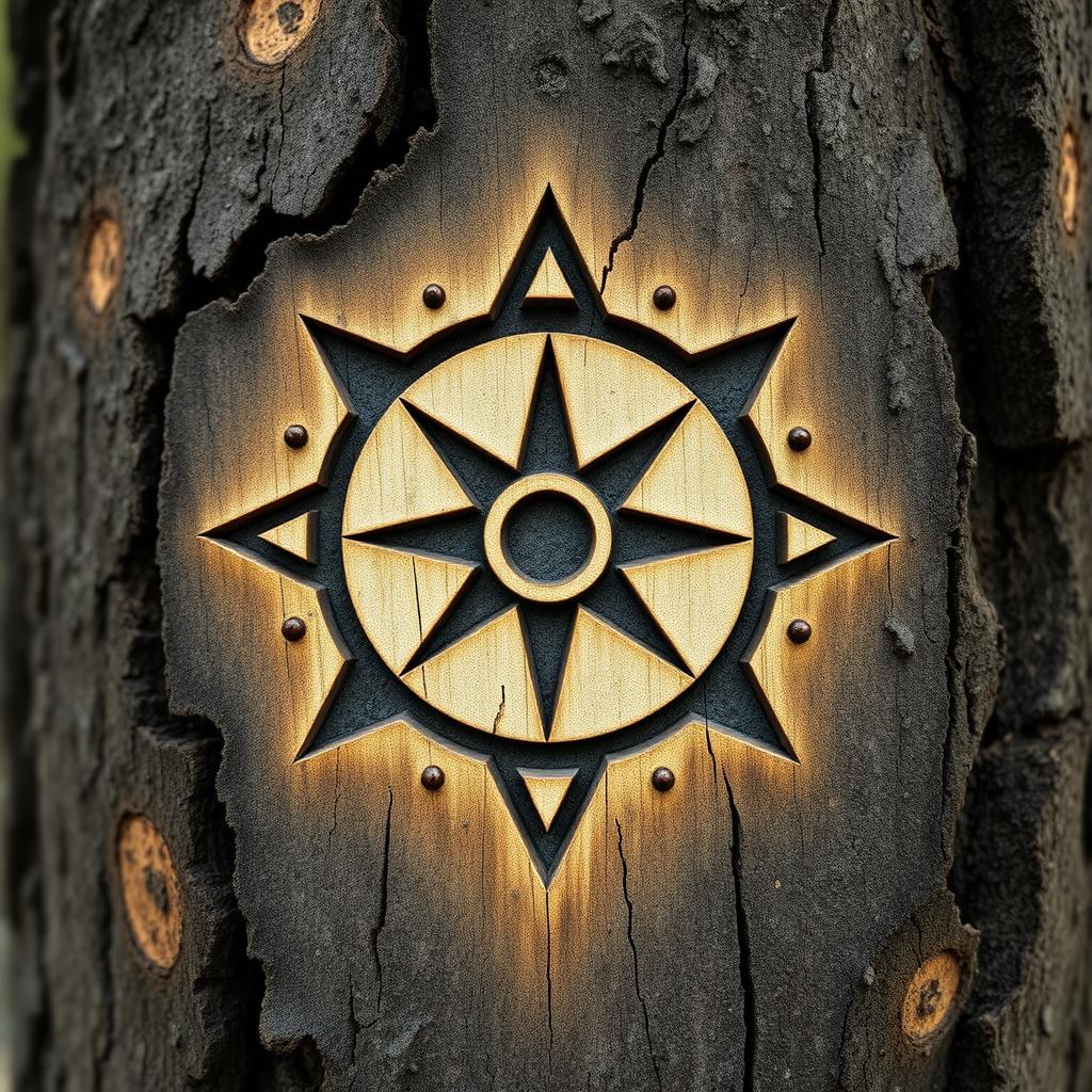 A simple and easy-to-copy cult symbol representing the worship of a killer god, intricately carved into bark with a knife