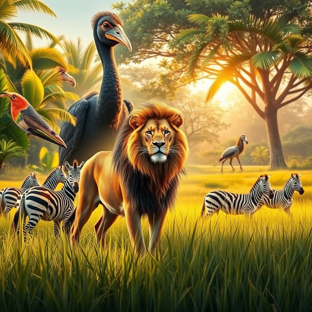 A stunning wildlife scene inspired by the art of David Shepherd, featuring a variety of wonderful animals from around the world, with a dodo bird positioned in the background to scale