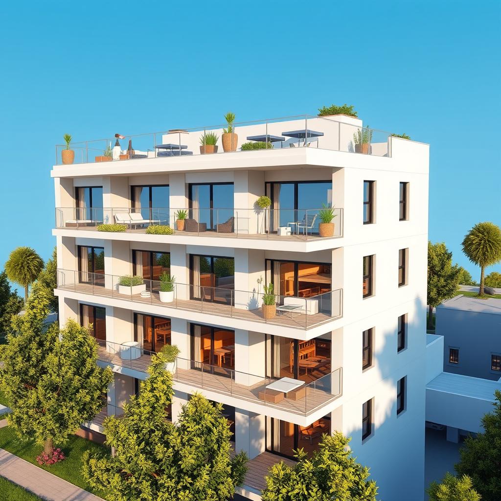 A detailed perspective model of a modern four-storey apartment building, featuring a spacious roof deck with garden furniture and plants