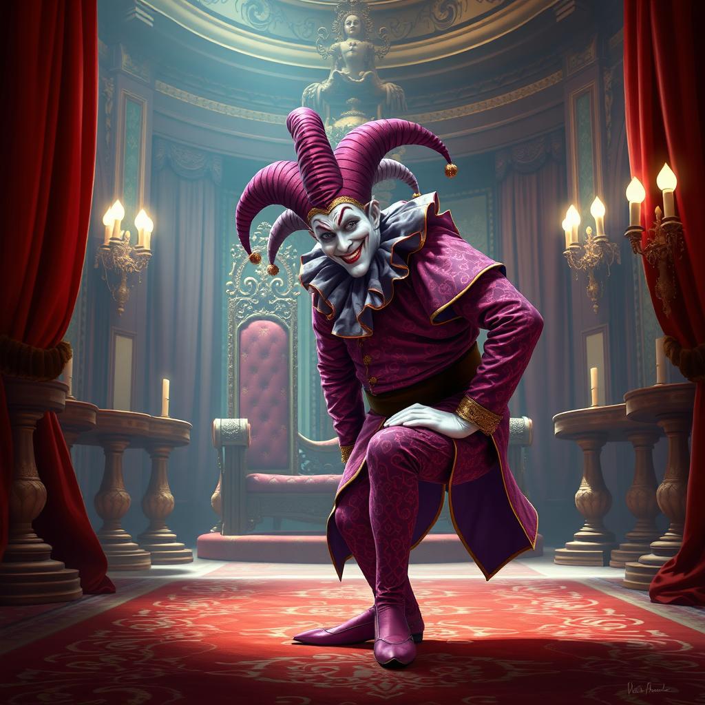 A stunning 2D band album cover featuring a tall medieval jester dressed in vibrant purple and red attire, showcasing intricate patterns and a playful smirk